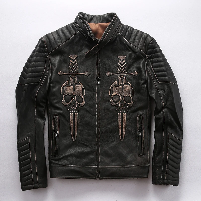 

2020 Vintage Black Men American Skulls Motorcycle Leather Jacket Plus Size XXXXL Genuine Thick Cowhide Spring Biker's Coa
