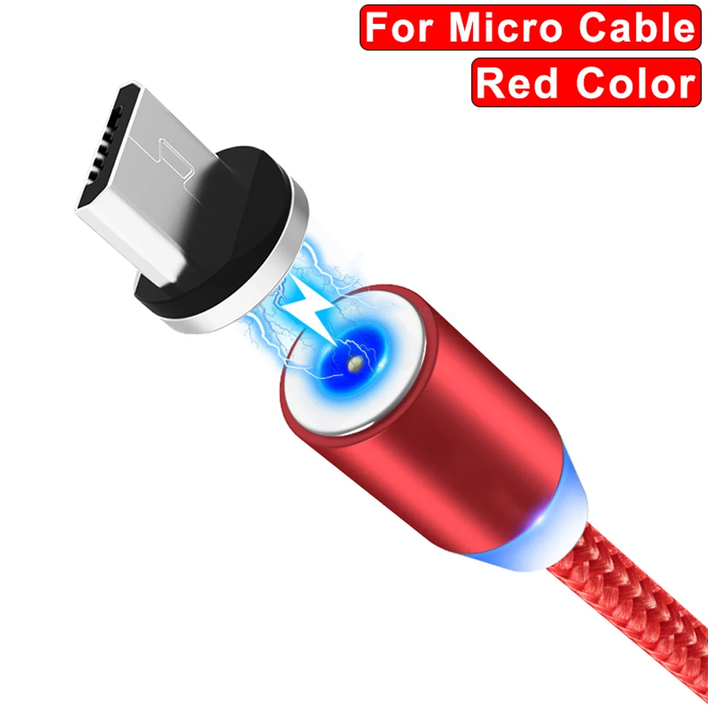 Red For Micro USB Jetjoy 360 ° Вращающийся Круглый Сильный магнитный светодиодный кабель Micro USB type C для быстрой зарядки нейлоновый Плетеный зарядный кабель для Android iPhone huawei - Цвет: Red For Micro USB