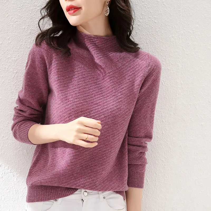 2020 Autumn and Winter New 100% Pure Wool Semi-high Round Neck Woolen Sweater Women's slim Slim Pullover Warm Light Sweate | Женская