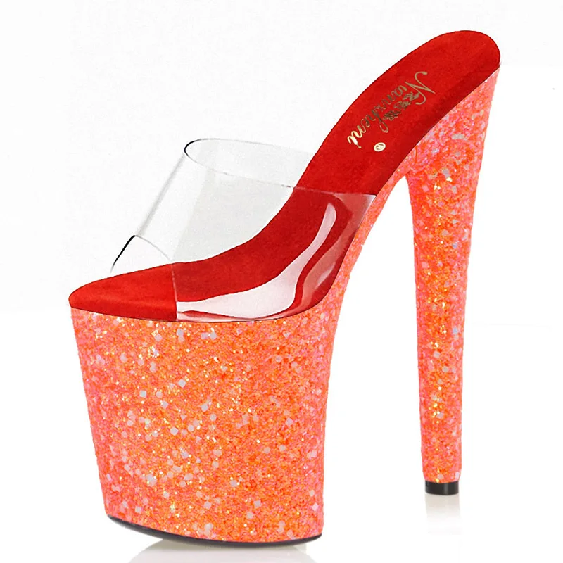 

Mclubgirl 20CM Orange Sequin Sandals Female Summer Sexy Nightclub Pole Dance High Heels Model Catwalk Platform Shoes LYP