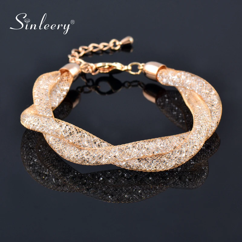 SINLEERY Роскошные твист 2 Слои крест сеточные браслеты со сверкающими с украшением в