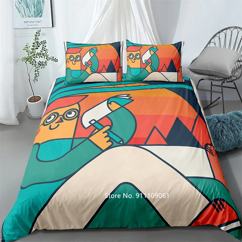 

Cute Cartoon Coloured Print Bedding 2-3 Piece Queen King Size Down Bed Cover Pillowcase Bedding Home Decor for Boys and Girls