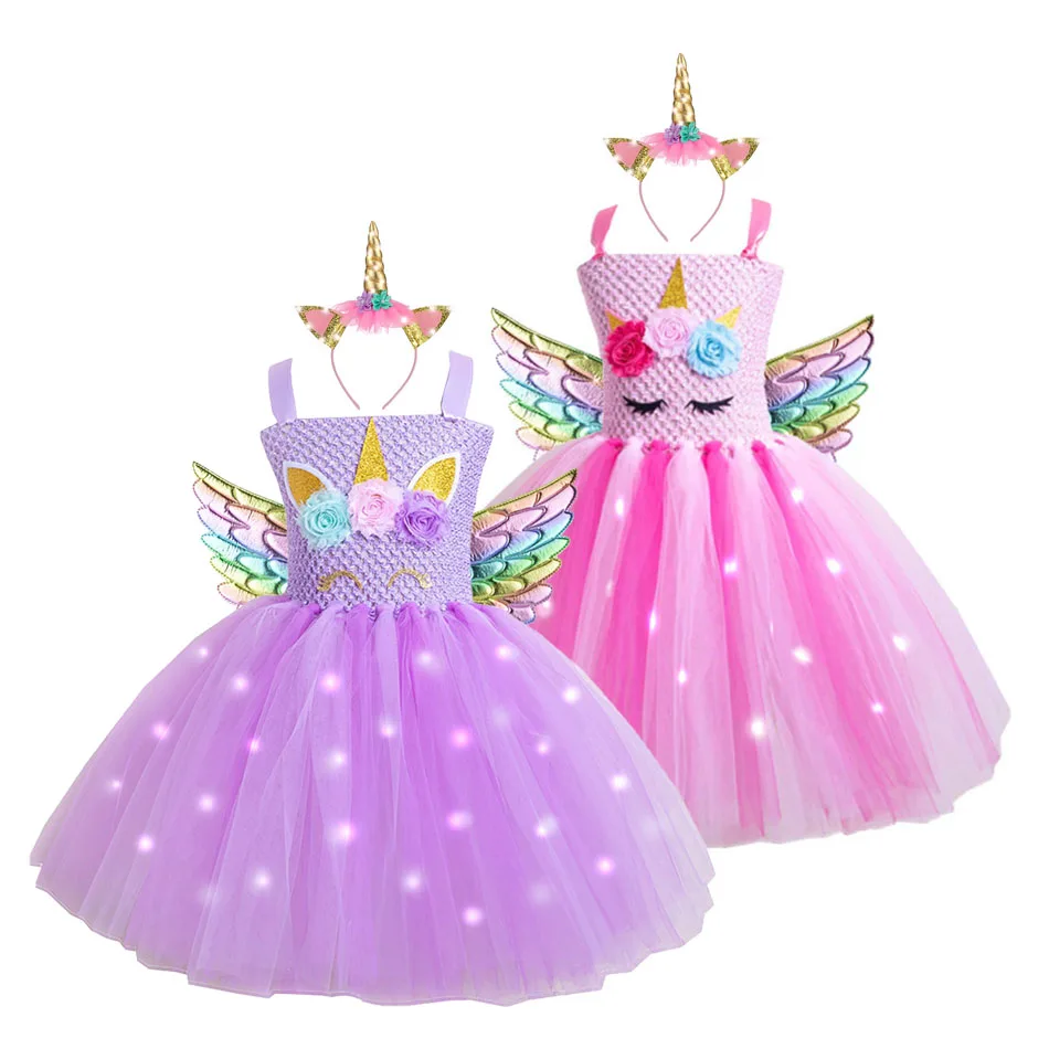 

Girls Glowing Unicorn Dresses for Kids Birthday Party Princess Christmas Halloween Costume Children Ball Performance Tutu Dress