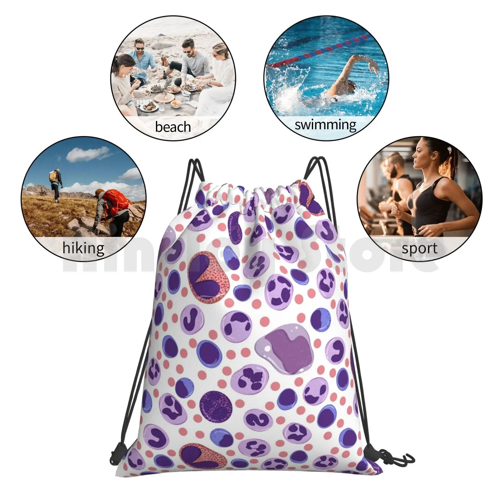 

Large White Blood Cell Pattern Backpack Drawstring Bags Gym Bag Waterproof Lab Science Medicine Hematology Blood