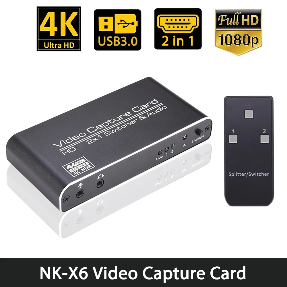

NK-X6 Карта видеозахвата 4K 1080P HDMI-совместима с USB3.0 HDMI-совместима с переключателем 2-в-1 аудио совместима с XBOX/записью