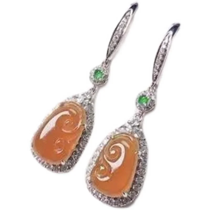 

Japanese and Korean New S925 Sterling Silver Water Drop Inlaid Earrings Eardrops Ice-like Chalcedony Yellow Jadeite Ruyi Retro