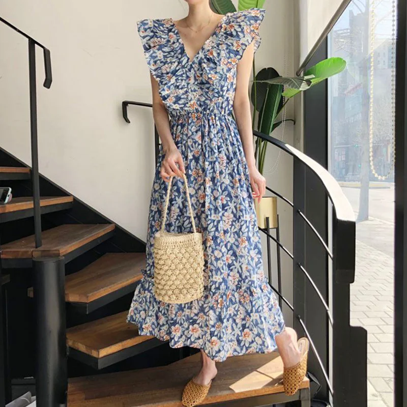 Женское платье с V-образным вырезом кружевное контрастное цветочным принтом