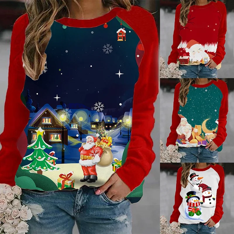 

2021 Christmas Hot Women's Red Contrast Old Man Print Long Sleeve Round Neck T-shirt