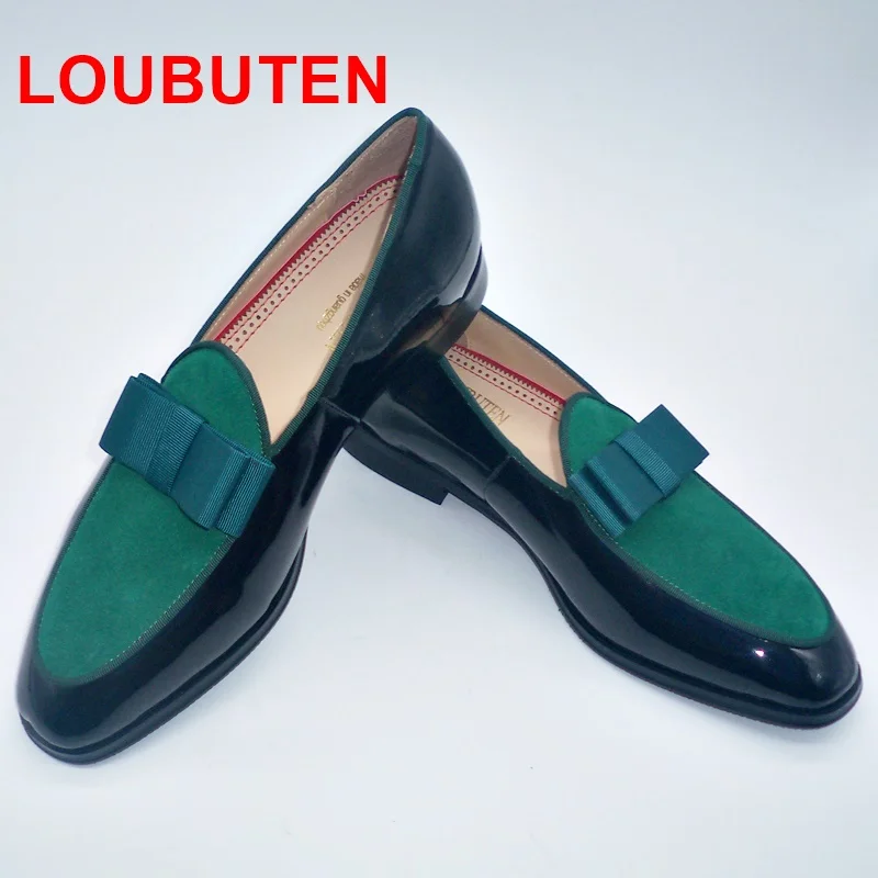 LOUBUTEN Black Patent Leather Shoes Men Bowtie Loafers Patchwork Green Suede Boat Dress Slip-on Wedding | Обувь