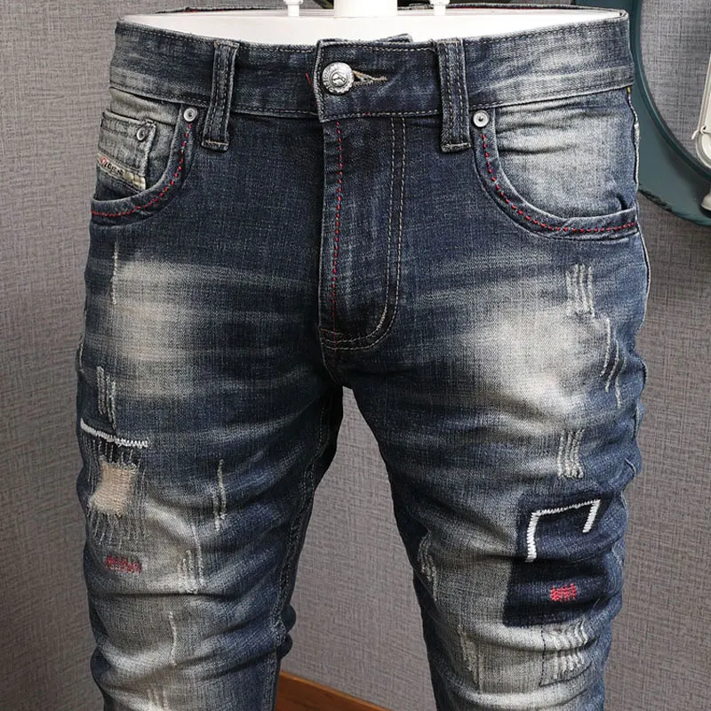 European American Street Fashion Men Jeans Retro Dark Blue Embroidery Designer Ripped Jeans Men Patches Hip Hop Denim Punk Pants