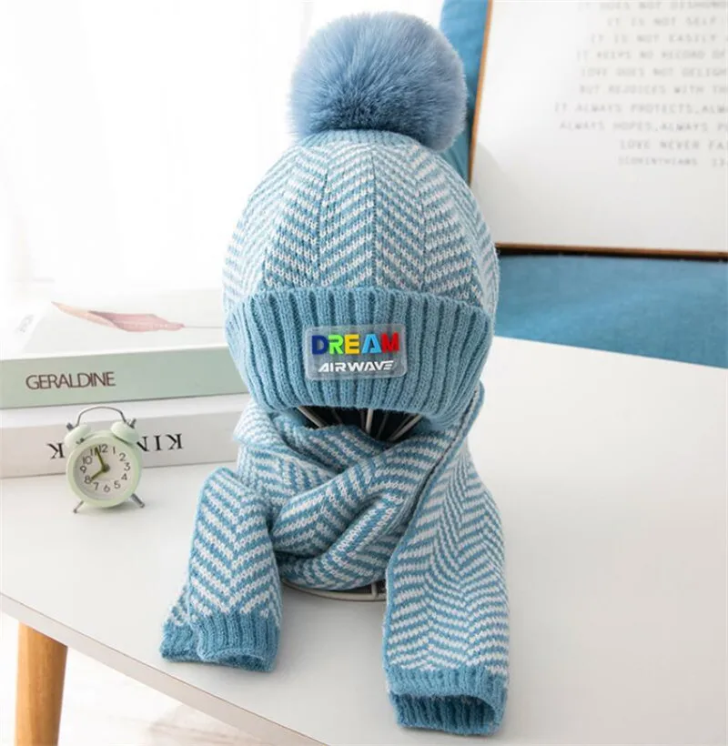 Детская зимняя шапка и шарф детская теплая ребристая вязаная меховая комплект из