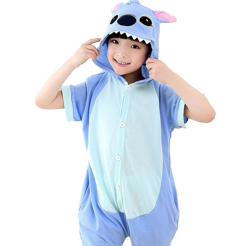 

Kids Boy Girl Summer Short Sleeve Cotton Pajama Animal Anime Stitch Cosplay Costume Zipper Hoodie Onesie Sleepwear
