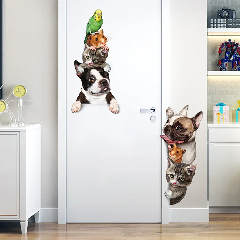 3D мультфильм Животные обои наклейки кошки собаки мышь птицы на дверь домашний