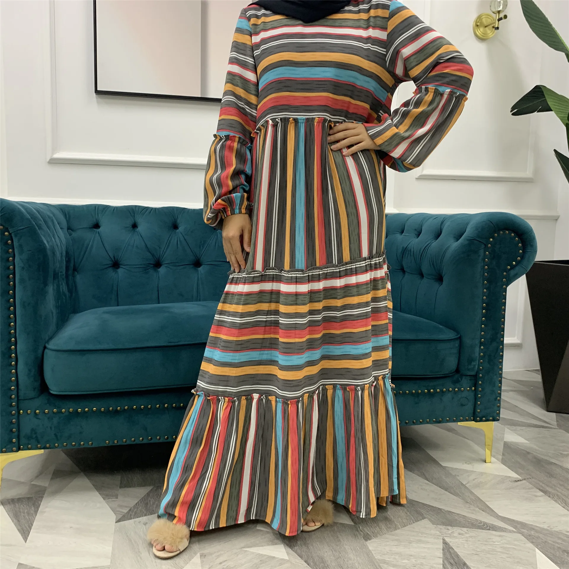 

Muslim Hijab Dress Eid Abaya Dubai Winter Stripe African Turkish Dresses for Women Islam Clothing Kaftan Abayas Caftan Marocain