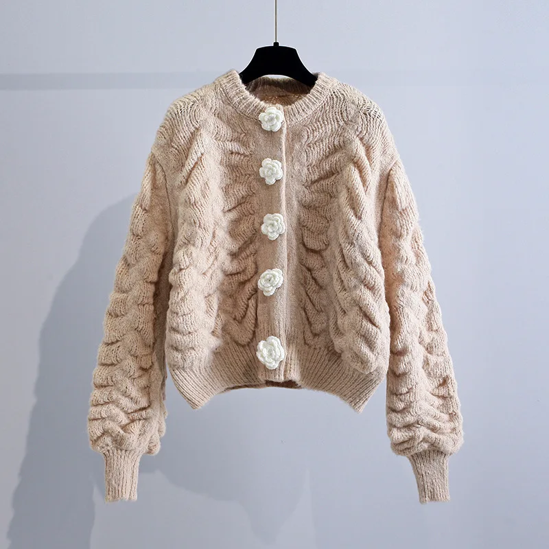 

2021 new women's girls autumn and winter cardigan embroidered buttons full-sleeve knitted sweater round neck loose cardigan top