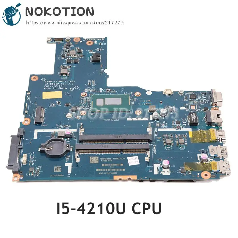 NOKOTION материнская плата для ноутбука lenovo Ideapad B50-70 5B20G46164 ZIWB2 ZIWB3 ZIWE1 LA-B092P DDR3L SR1EF I5-4210U