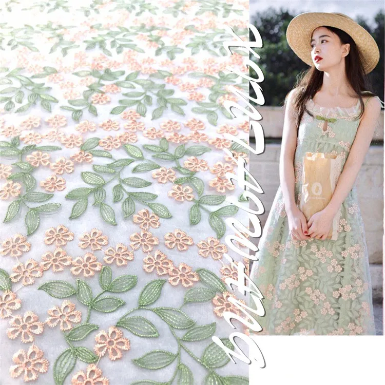 

Spring Summer Dress Embroidery Green Color Organza Lace Fabric