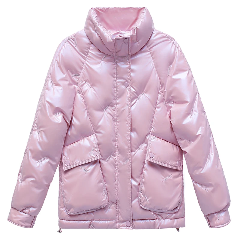 2022 Winter Short Stand-up Collar Shiny Down Cotton Coat Thick Warm Padded Parkas Coat Female Outwear Zipper Button Bread Jacket