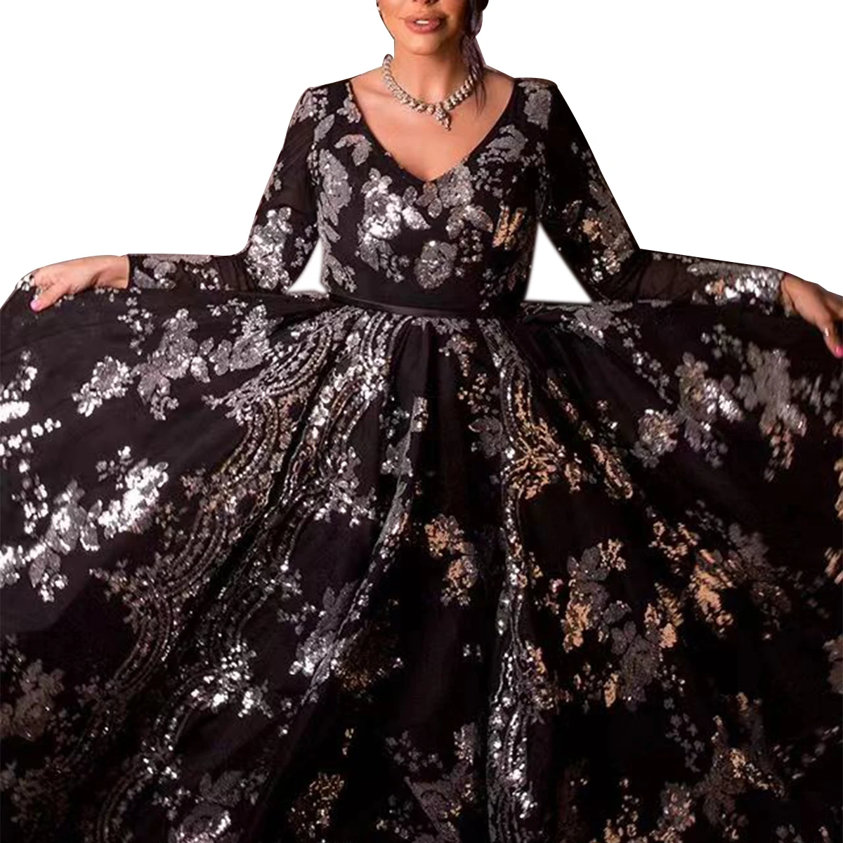 

Women's Sequined Maxi Dress Fashion Sexy Autumn Long Sleeve V-neck Mesh Dresses Party Black