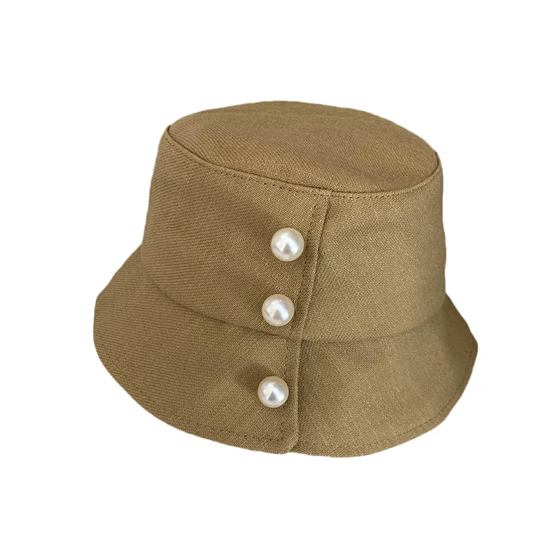

Pearl Design Cotton Solid Flat Top Bucket Hat For Woman Spring and Summer Fashion Fisherman Basin Cap Accessory Gorros