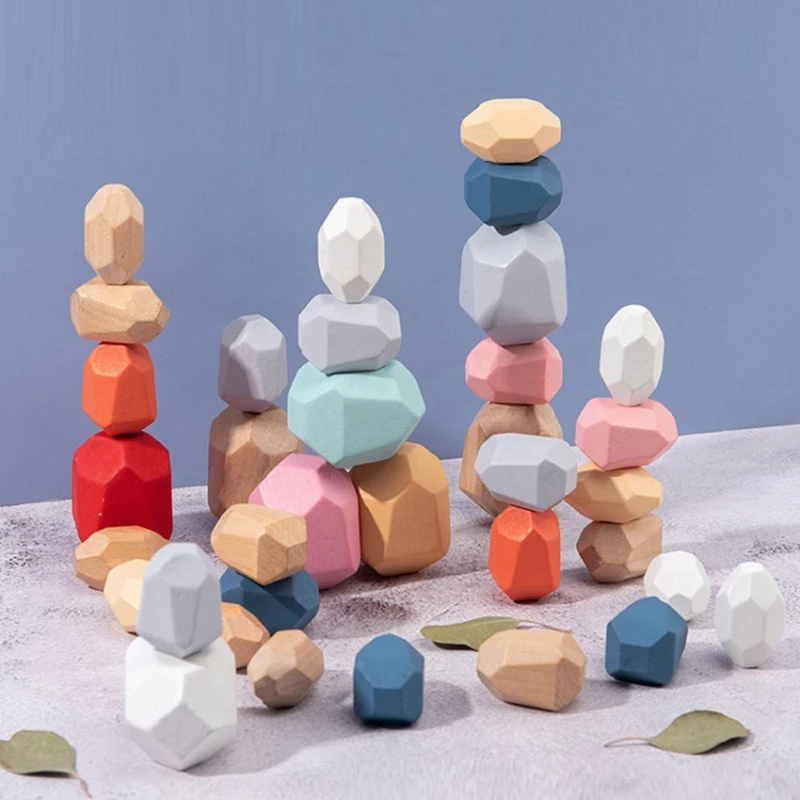 

Children's Wooden Colored Stone Jenga Building Block Educational Toy Creative Nordic Style Stacking Game Rainbow Wooden Toy Gift