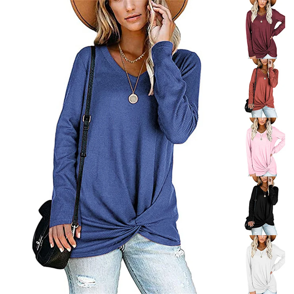 

Women's V-neck Twisted Long-sleeved T-shirt Top 2021 Autumn And Winter New Sweaters European And American Women's Hot Styles Top