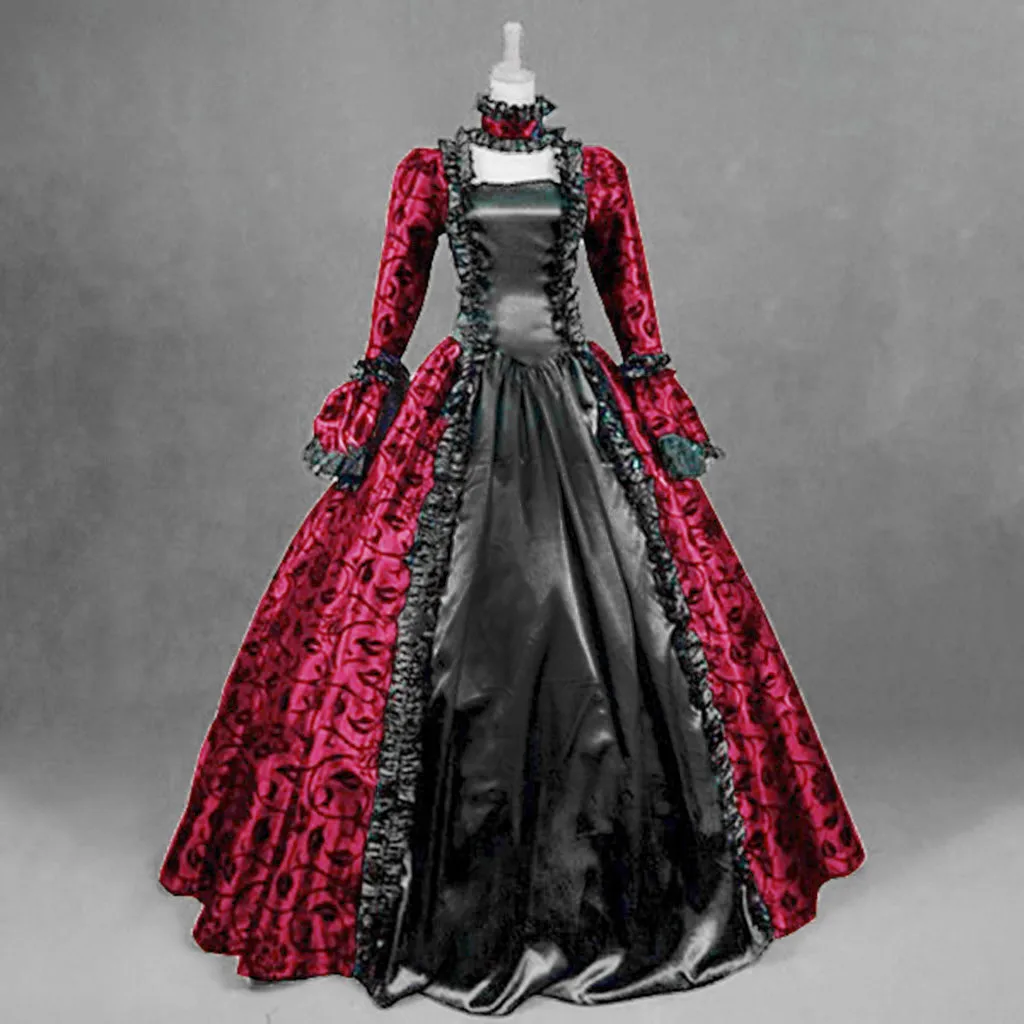 Hot Pink Зимнее платье женское средневековое Ретро Черное викторианская готика платья женские Вечерние Платья с цветочным принтом винтажное платье Ренессанс осень - Цвет: Hot Pink