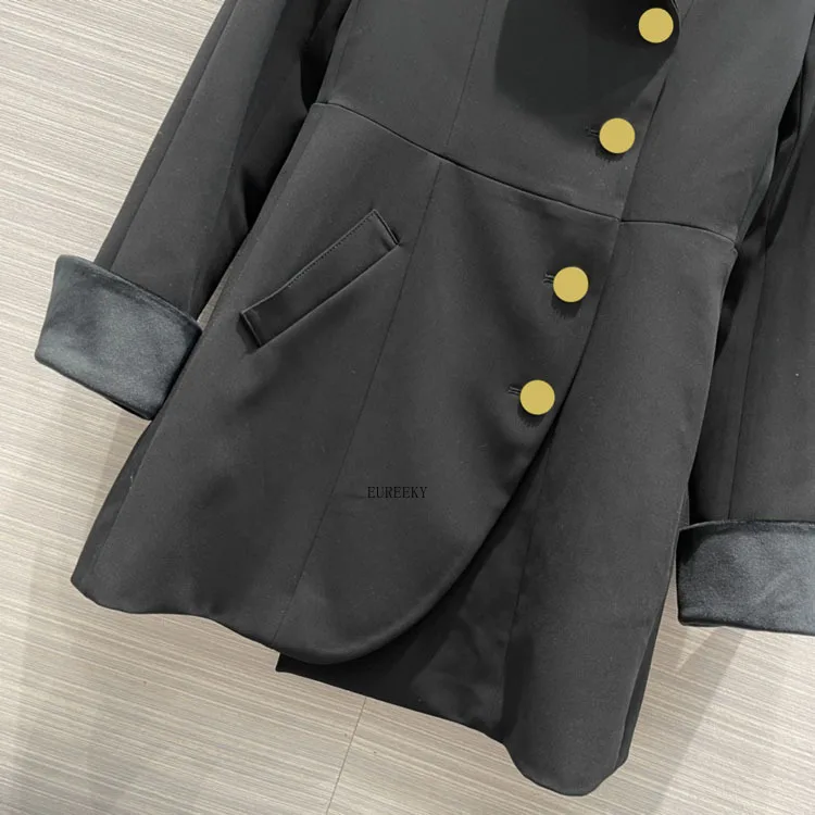 

Luxury Brand Asymmetric Design Side Button Black Suit Coats 2021 New Metal Decoration Long Blazers Office Lady Versatile Blazers