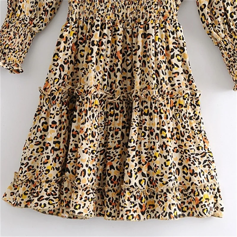 

ZXQJ Women 2021 Fashion Leopard Print Ruffles Dress Vintage V Neck Long Sleeve Female Dresses Chic Vestidos Mujer