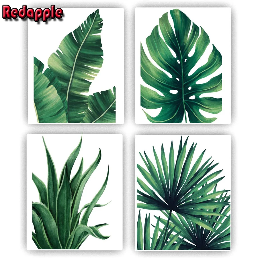 

Diamond painting 4 pcs watercolor painting of tropical plant pictures, full drill embroidery mosaic palm banana green leaves art