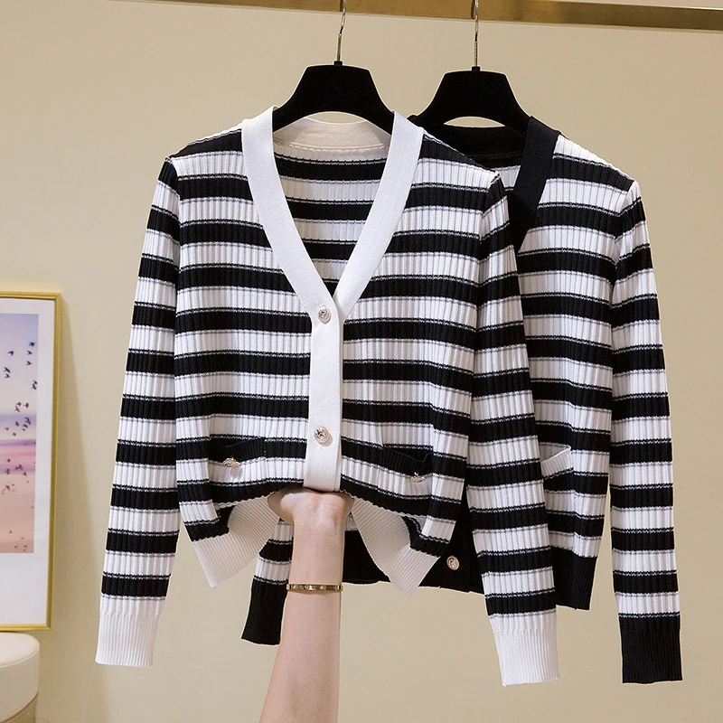 

AOSSVIAO Long Sleeve Buttons Women's Sweater Patchwork 2021 Stripe Fashion Ribbed Slim Sweaters Ladies Knitted Cardigan