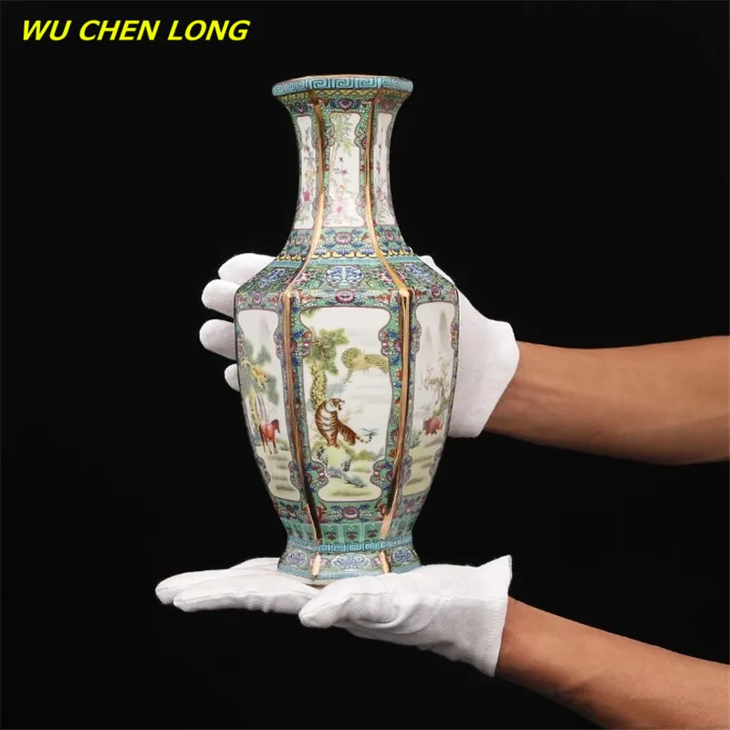 

WU CHEN LONG Enamel Ceramic Painting in Qianlong Year Mark Golden Zodiac Hexagonal Vase Antique Porcelain Collection R5775