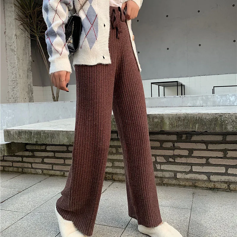 

Limiguyue Elastic Waist Drawstring Sweater Pants Lace-up Women Wide Leg Knit Pants Autumn Loose Female Knitted Trousers K334