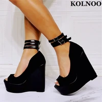 kolnoo 2022 new arrival real photos womens wedges heels sandals black classic summer party prom shoes evening club fashion shoes