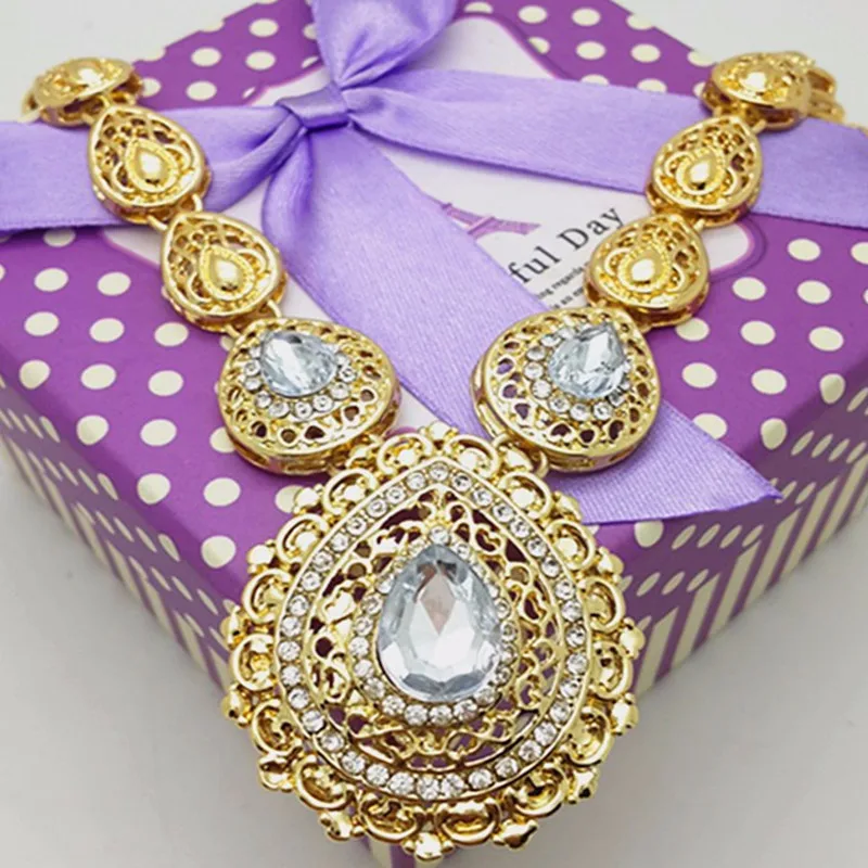 

Women Wedding african beads Accessories Crystal Gold-color Hollow Out Big Choker Necklace Earring Ring Bracelet Jewelry Set
