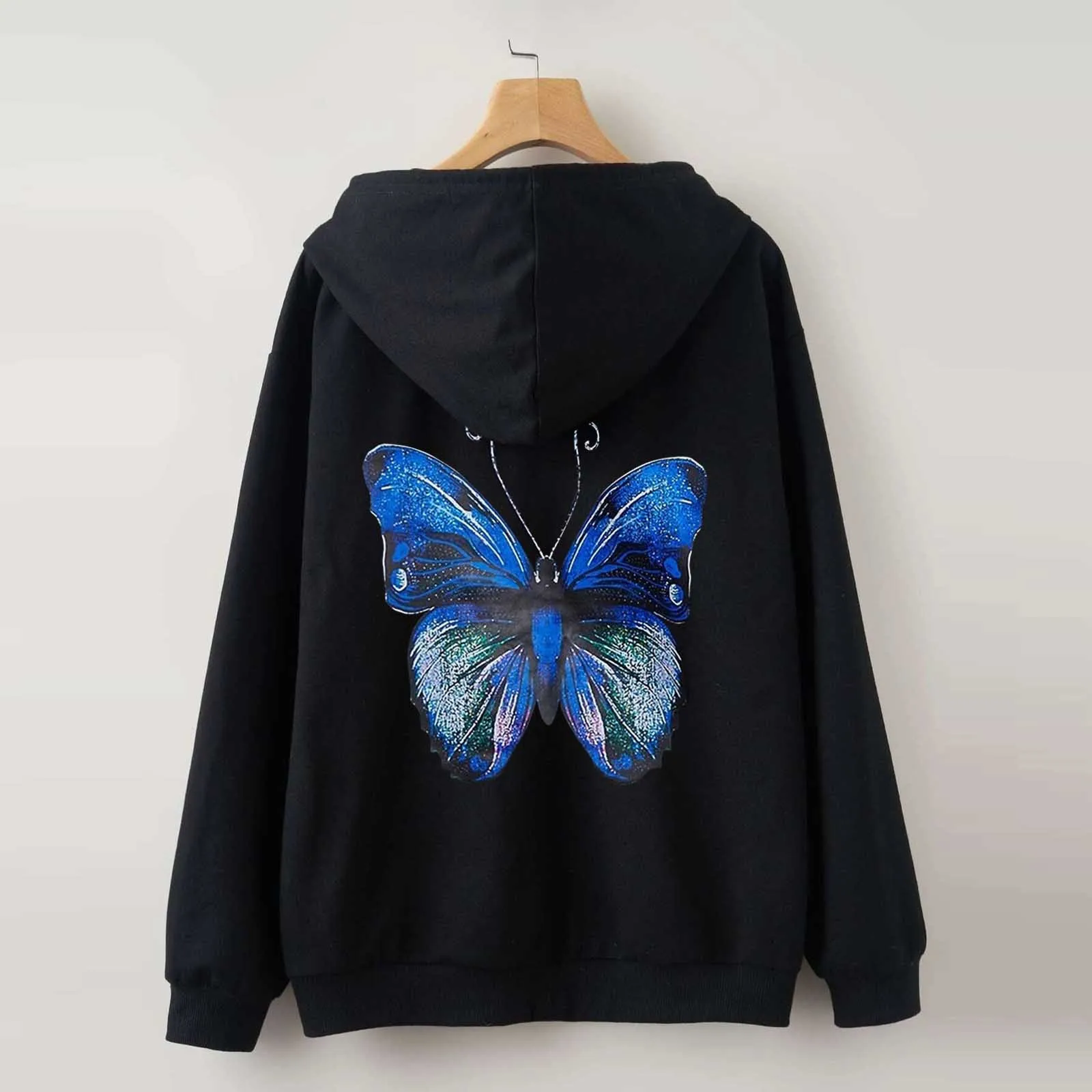 Womens Girl Cute Korean Autumn Long Sleeve Hoodie Sweatshirt Butterfly Print Hooded Pullover Tops Streetwear Oversized Hoodies