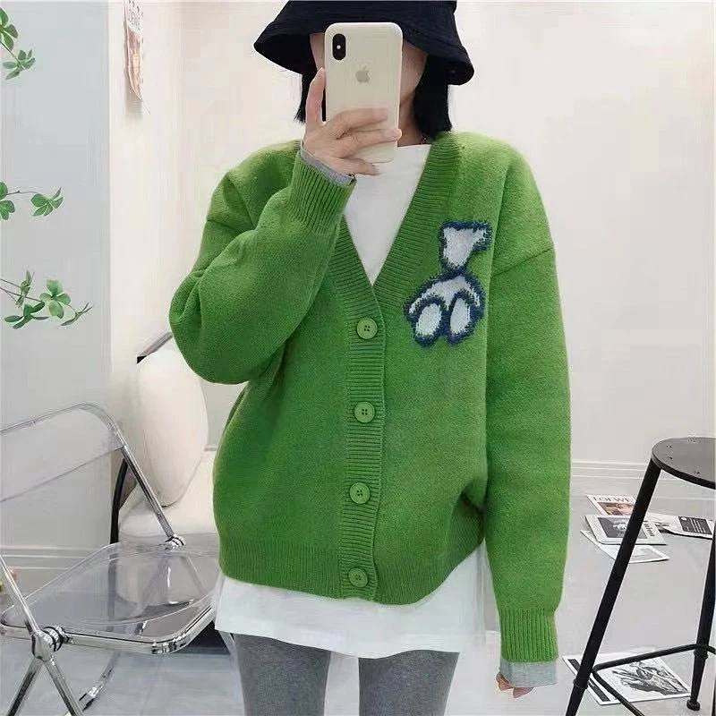 

Spring And Autumn Bear Pattern Sweater Lazy Style Knitted Cardigan Jacket Women Sweter Cardigans Korean Style Cardigan Mujer