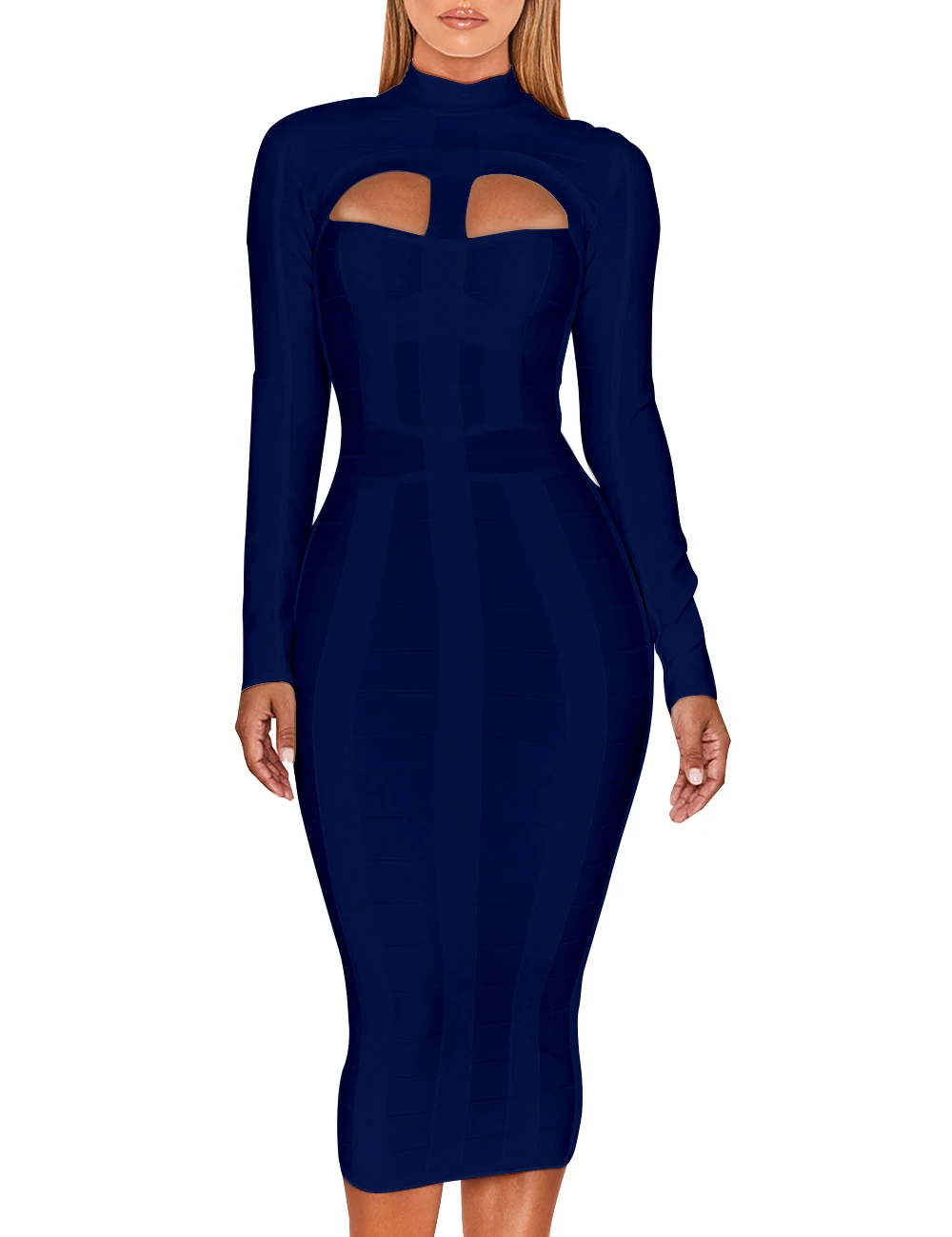 Женское облегающее платье средней длины с высоким воротником |