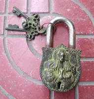 Vintage Bronze ancient Lock Key Case Door protect Lucky deities Bless guard