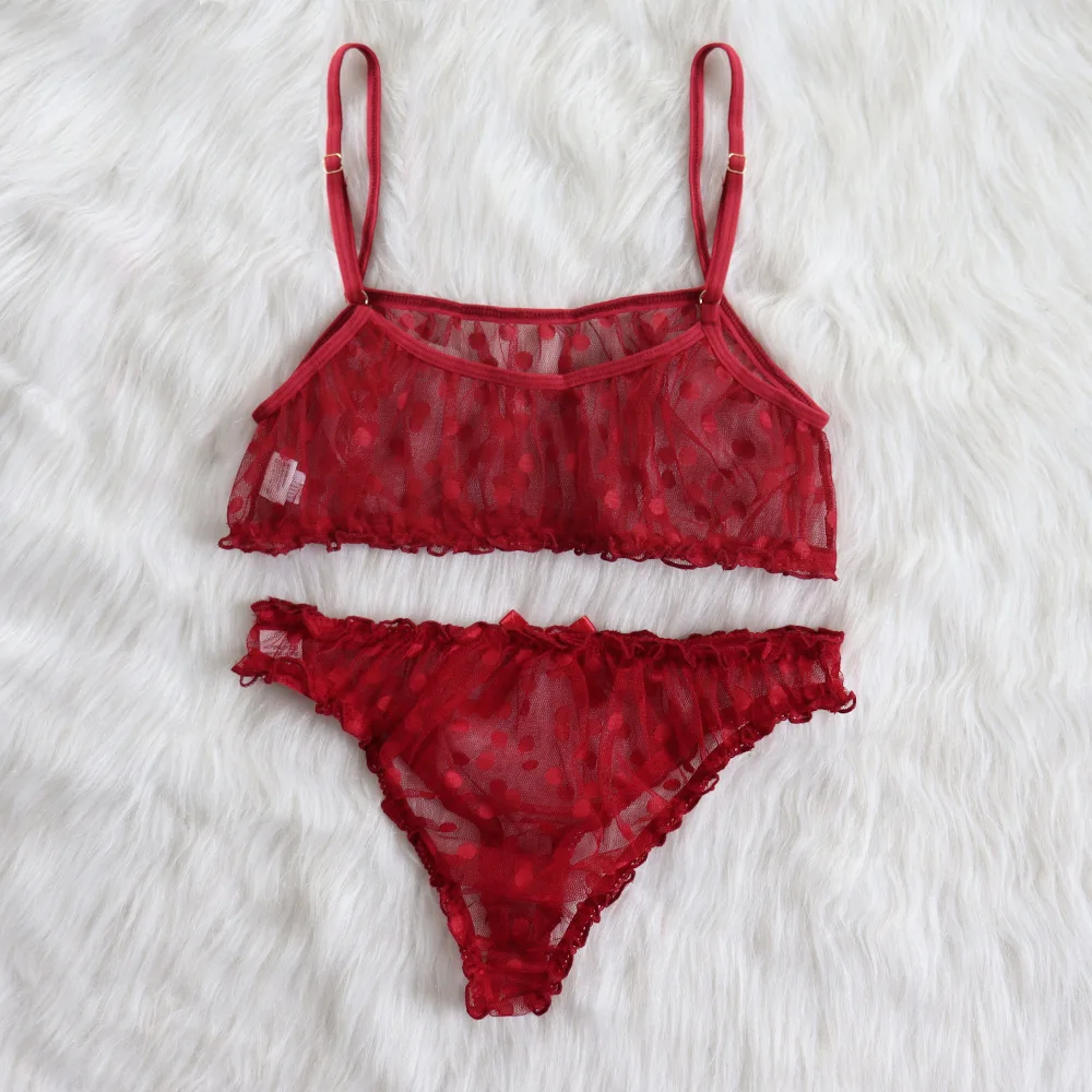 

2020 New Sexy Lingerie Erotic Underwear Polka Dot Mesh Frill Trim Lace See Through Bra And G-String Set Top For Women Adults