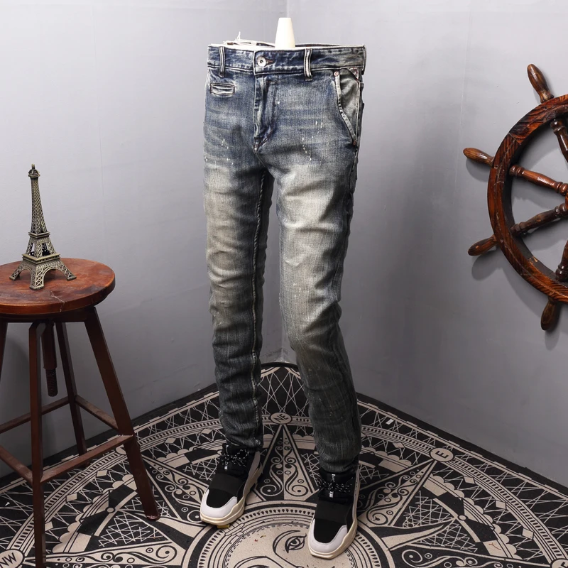 

Italian Style Fashion Men Jeans High Quality Slim Fit Elastic Paint Designer Jeans Men Hip Hop Pants Streetwear Vintage Jeans