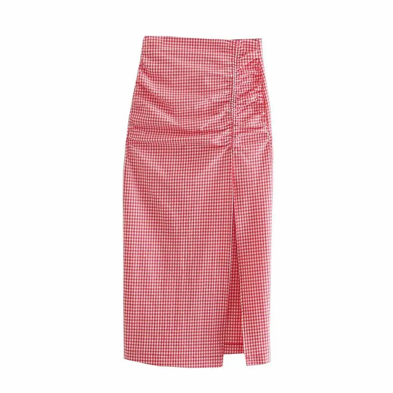 

Za 2021 Plaid High Waist Women Skirts Front Slit Ruched Elastic Red Summer Skirt Chic Back Zip Woman Vintage Gingham Midi Skirt