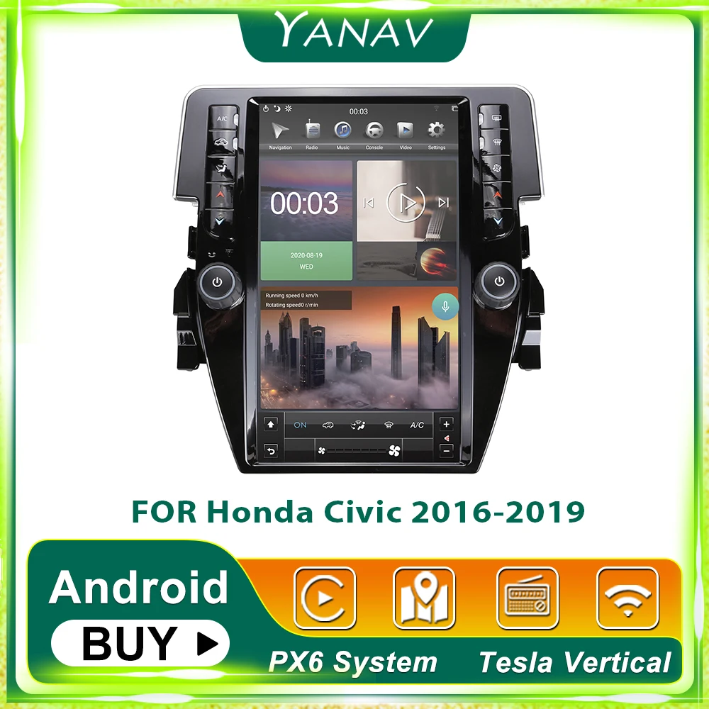 

13.6 inch Android Car Radio Audio for Honda Civic 2016-2019 Auto Stereo Receiver Multimedia MP3 Player Tesla Vertical HD Screen
