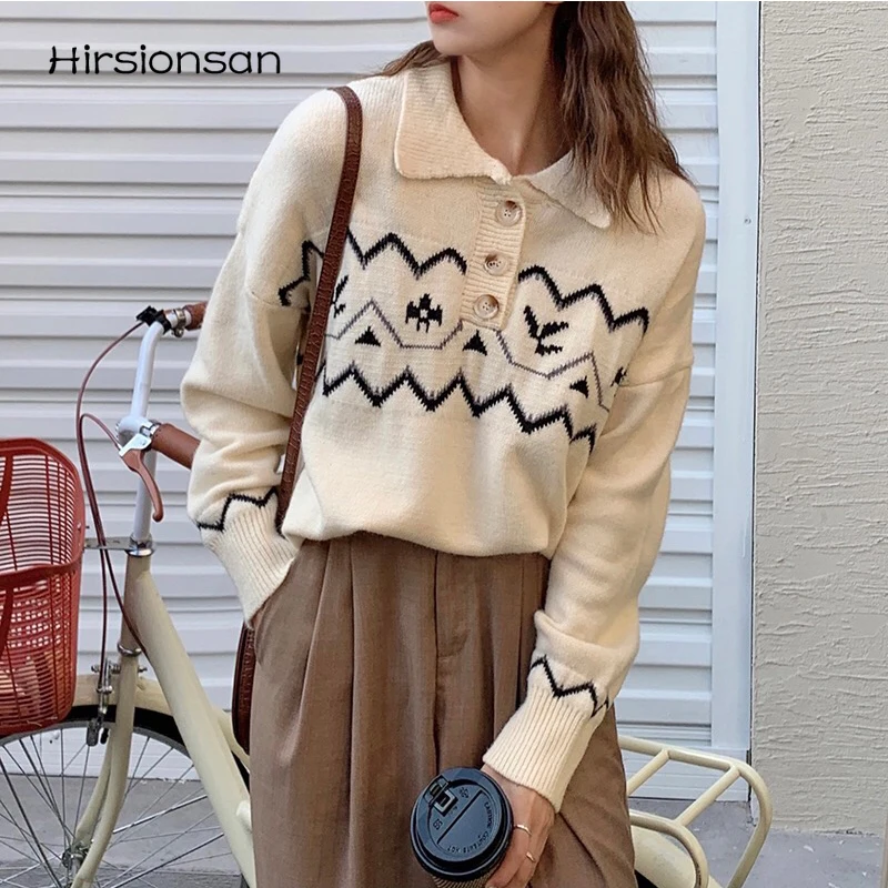 

Осенний утепленный Вязаный Свитер оверсайз Hirsionsan, женский свободный пуловер с воротником-поло и принтом, Женский универсальный джемпер, но...