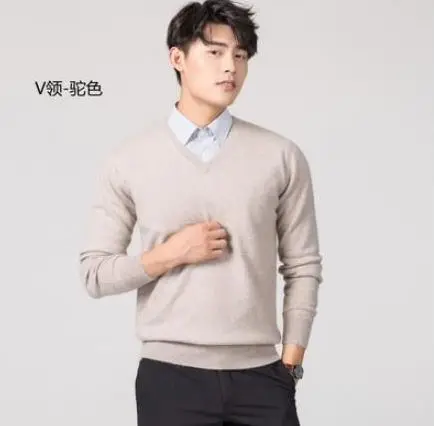 Camel v-neck Осень-зима, кашемировый хлопковый мужской свитер, трикотажное платье-свитер, hombre pull homme Hiver, пуловер, мужские вязаные свитера J697 - Цвет: Camel v-neck