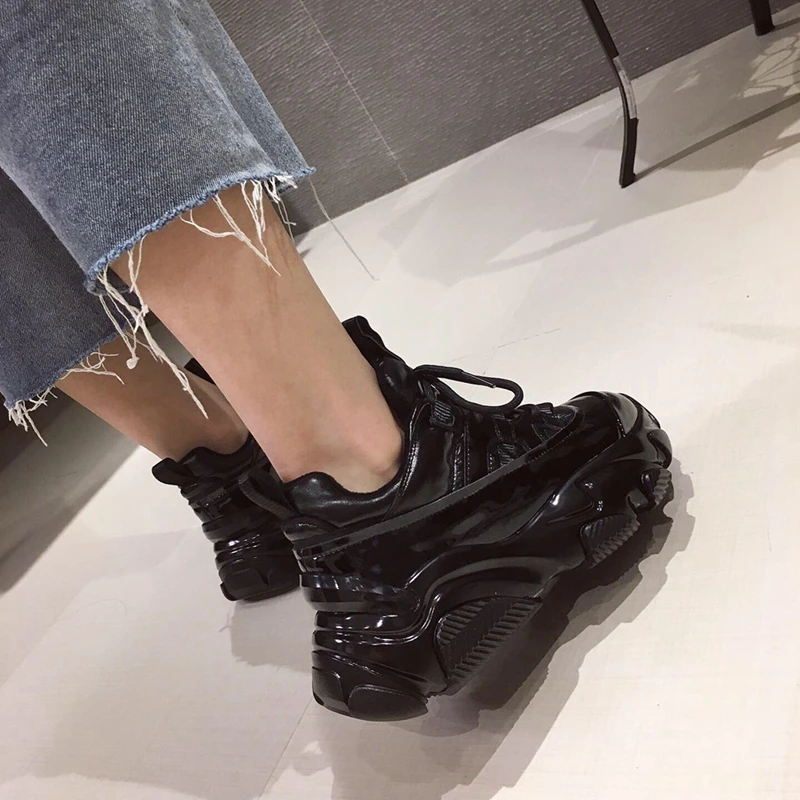 

Autumn Chunky Sneakers Women Silver Patent Leather Punk Style High Platform Sneakers Woman Lace Up Casual Shoes Flat Cowhide