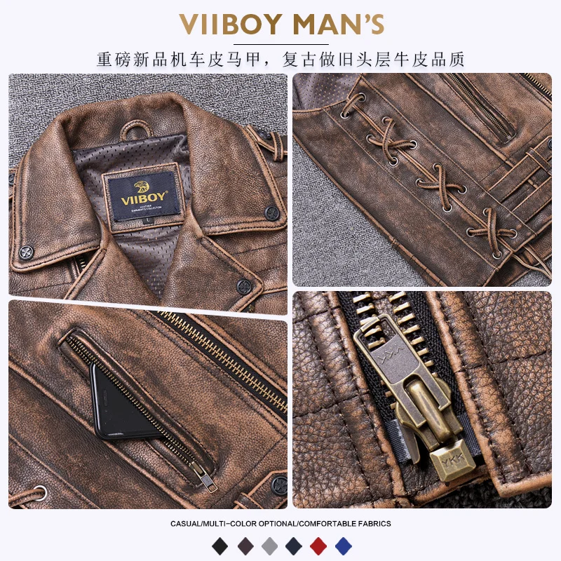 Жилет мужской из натуральной воловьей кожи толстая мото-куртка Короткая Толстая