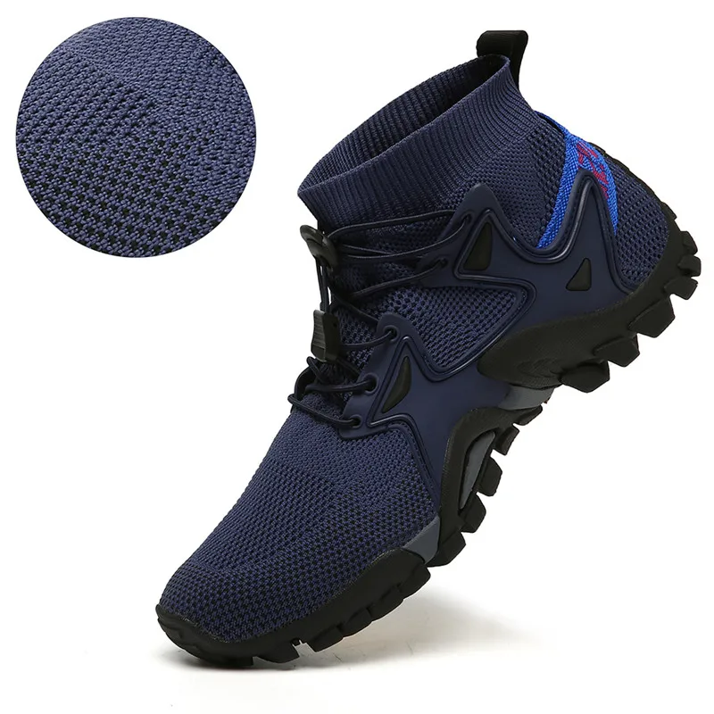 Blue High top Men's Trekking Shoes Knitting Breathable Men's Sneakers Summer Slip-On Men's Socks Shoes Light Mens Casual Shoes