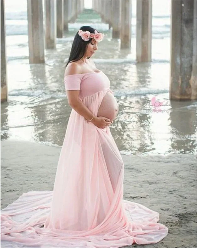 

Maternity Chiffon stitching Maxi Dress for Women, Solid Color, Off Shoulder, Front Slit, Floor Length, Dress Accessory