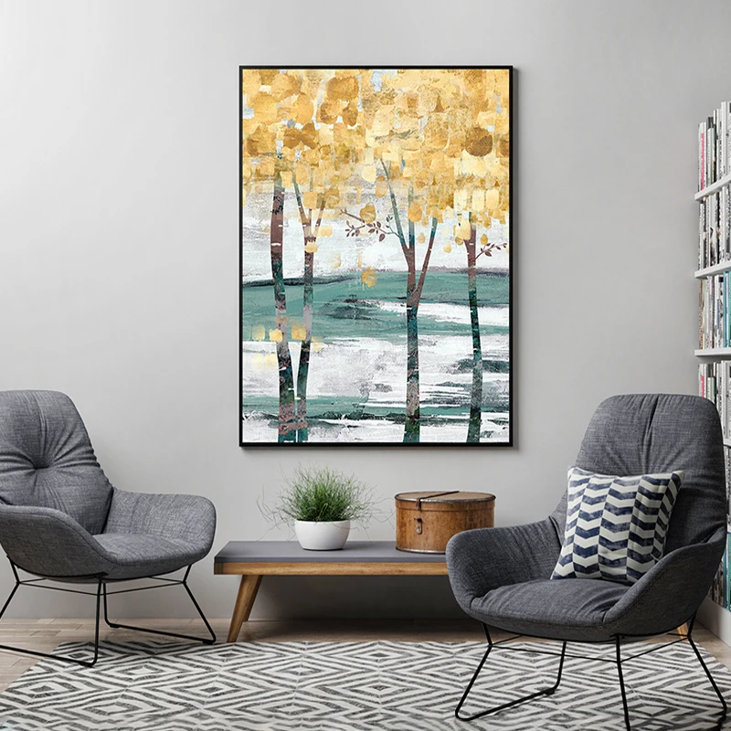 Goedkoop Moderne Canvas Abstract Handgemaakte Olieverf Gouden Bladeren Posters Wall Art Pictures Voor Woonkamer Slaapkamer Decoratieve
